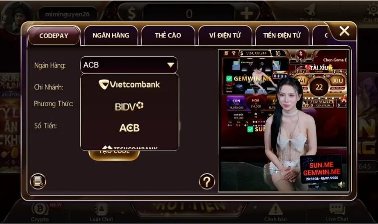 Giao diện nạp tiền SunWin
